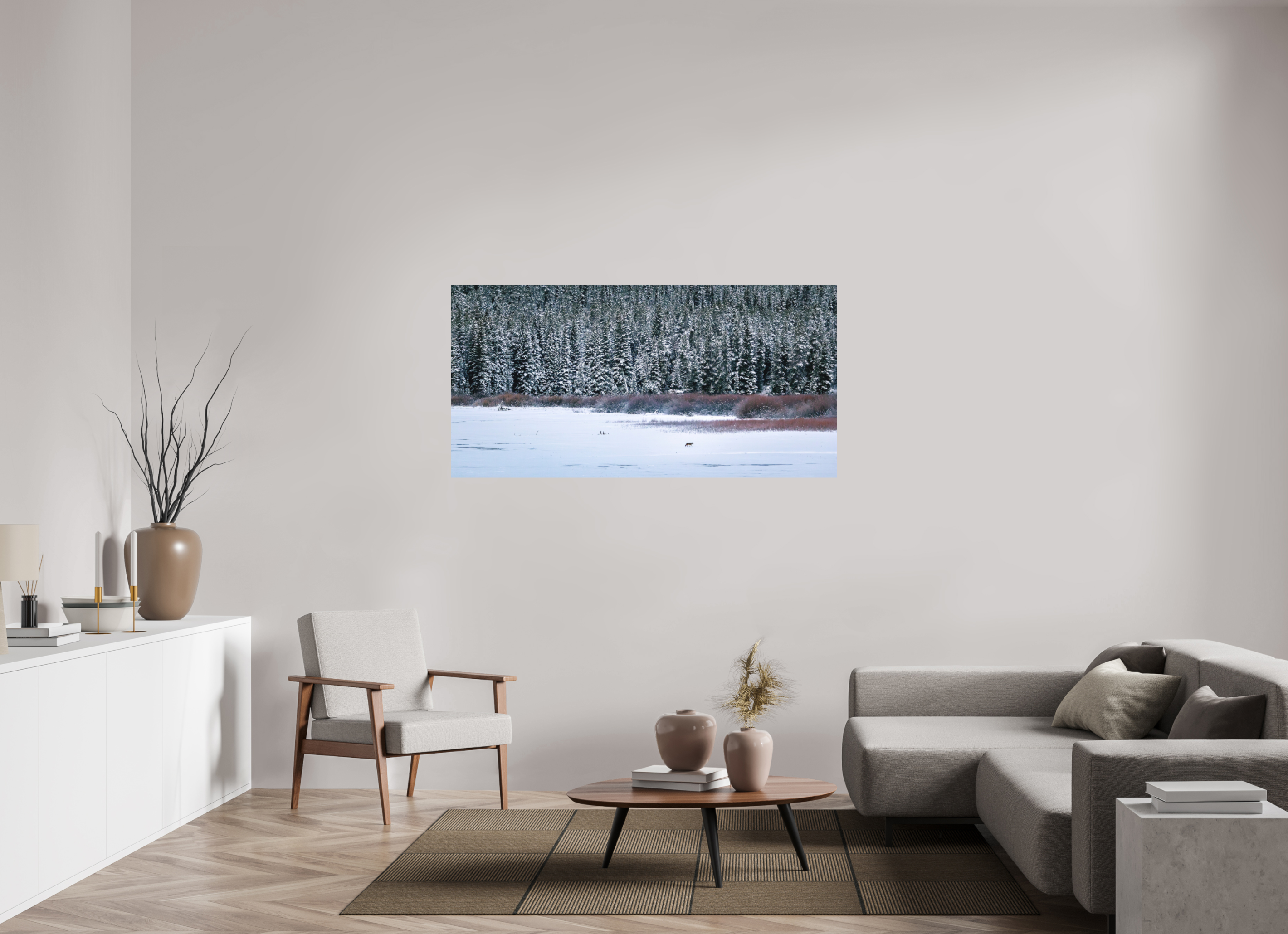 62 x 31″, Aluminum-Backed Matte Print Coyote by the Frozen Lake