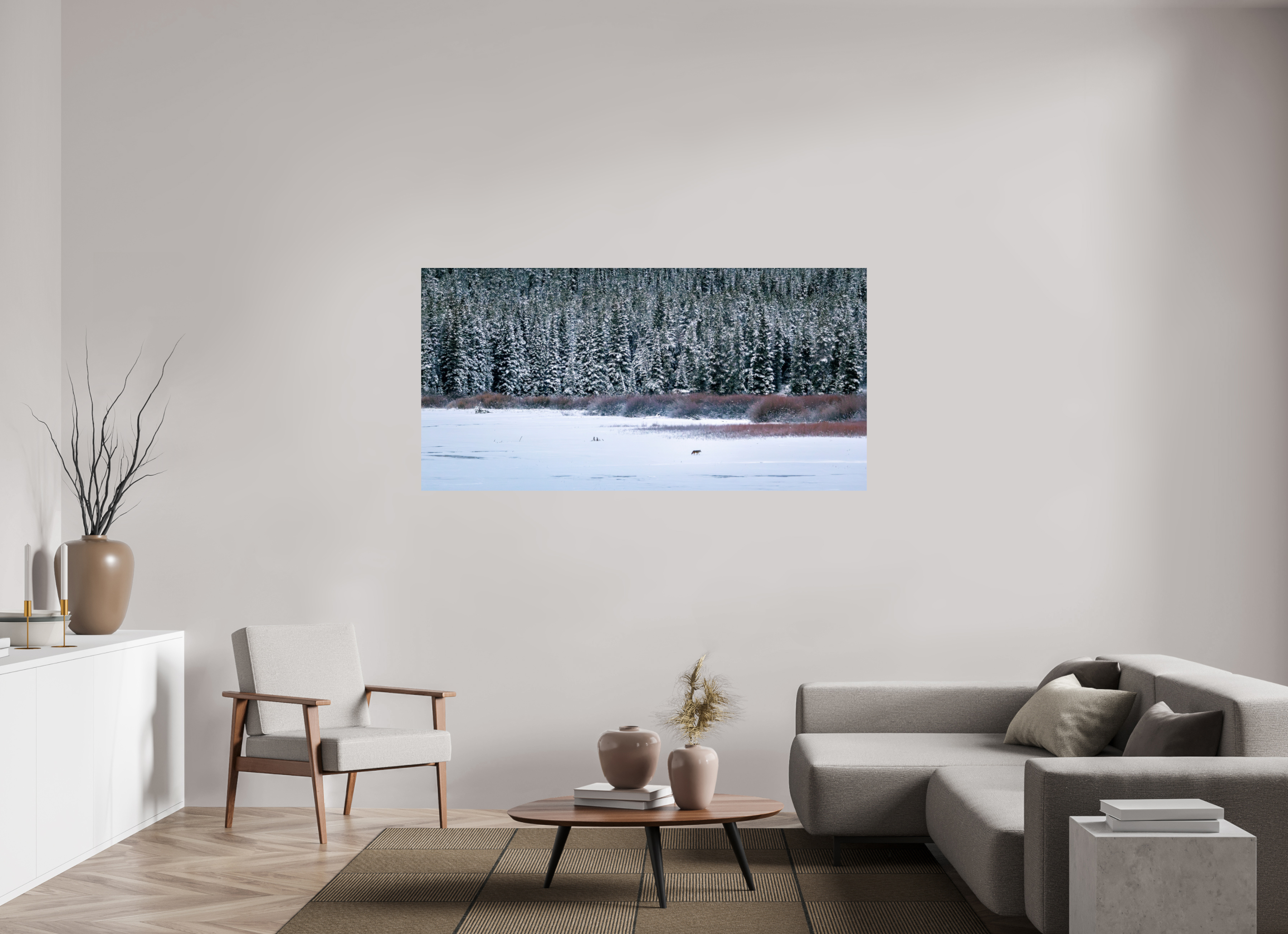 70 x 35″, Ultra Glossy Print Coyote by the Frozen Lake