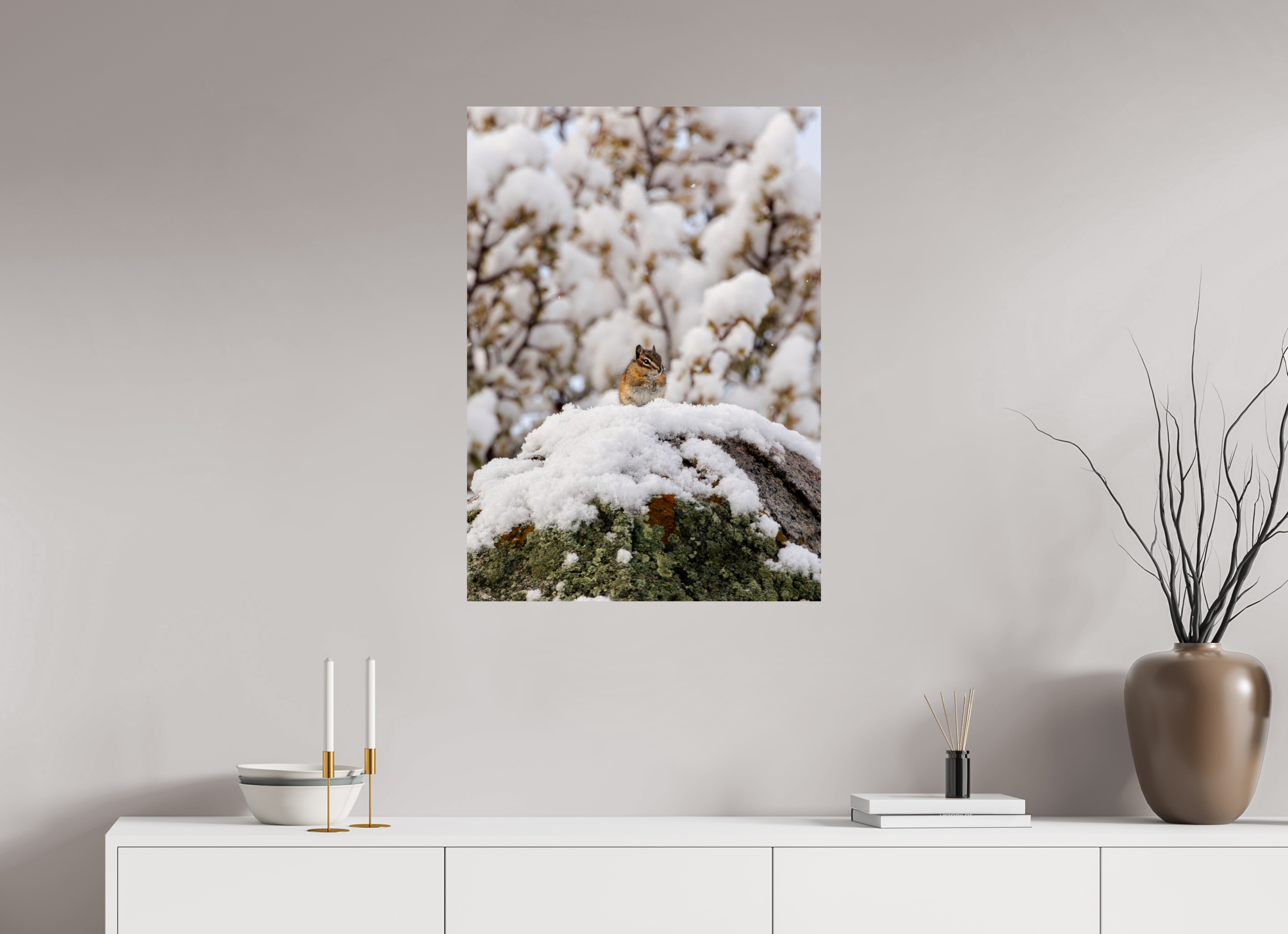 24 x 33.6″, Glossy Print Chipmunk on a Snowy Morning