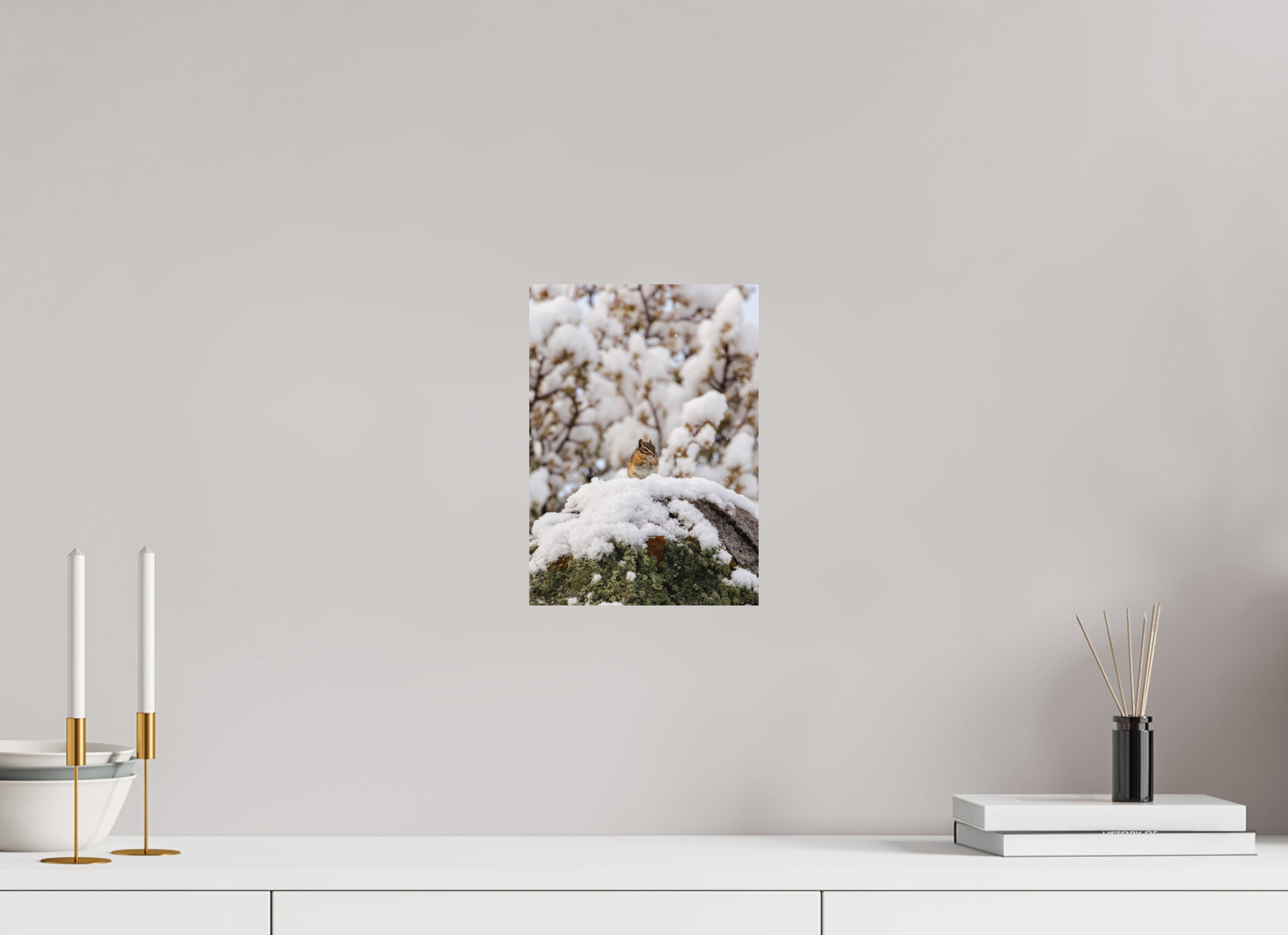 8 x 11.2″, Matte Print Chipmunk on a Snowy Morning