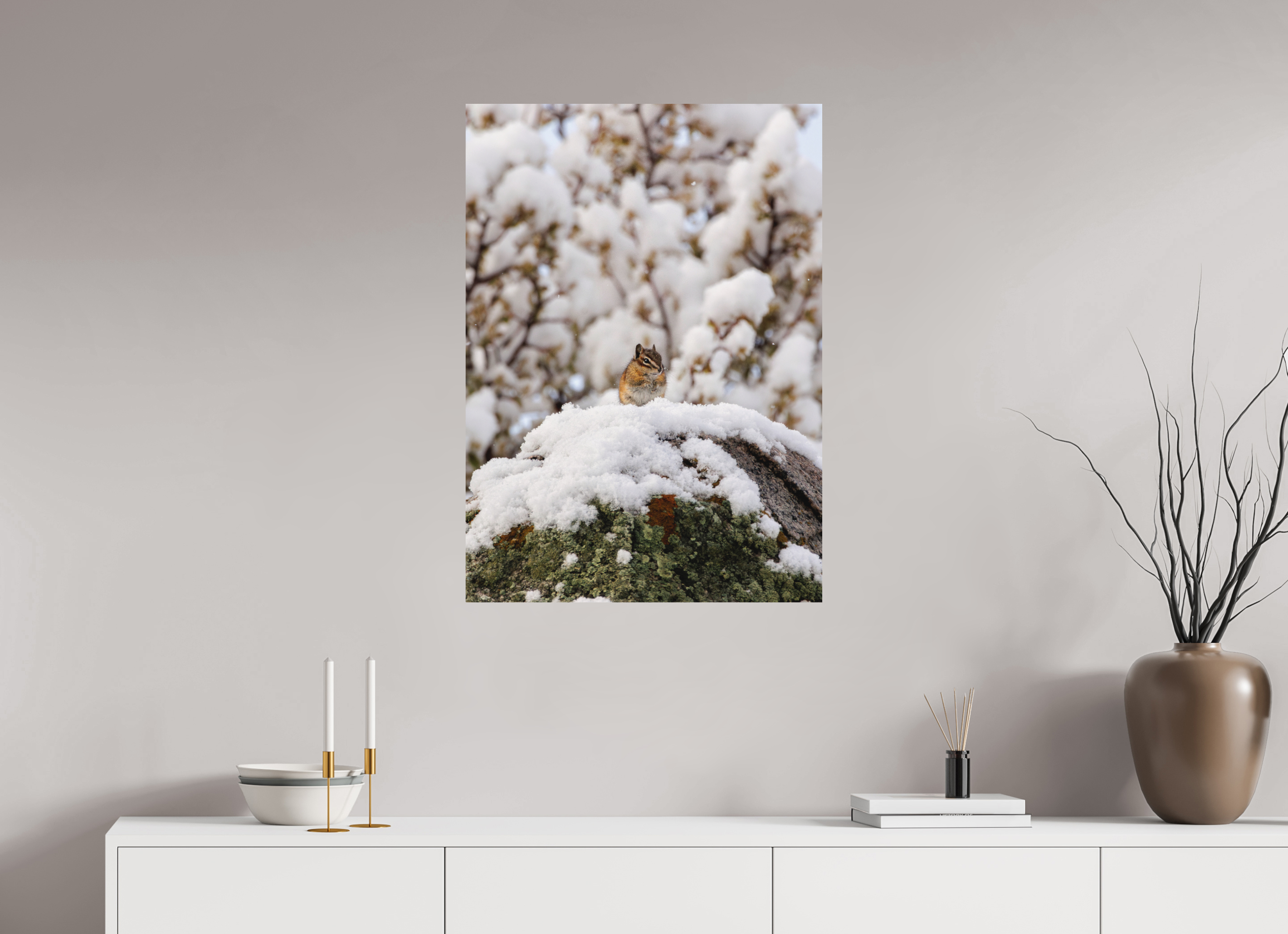24 x 33.6″, Aluminum-Backed Matte Print Chipmunk on a Snowy Morning