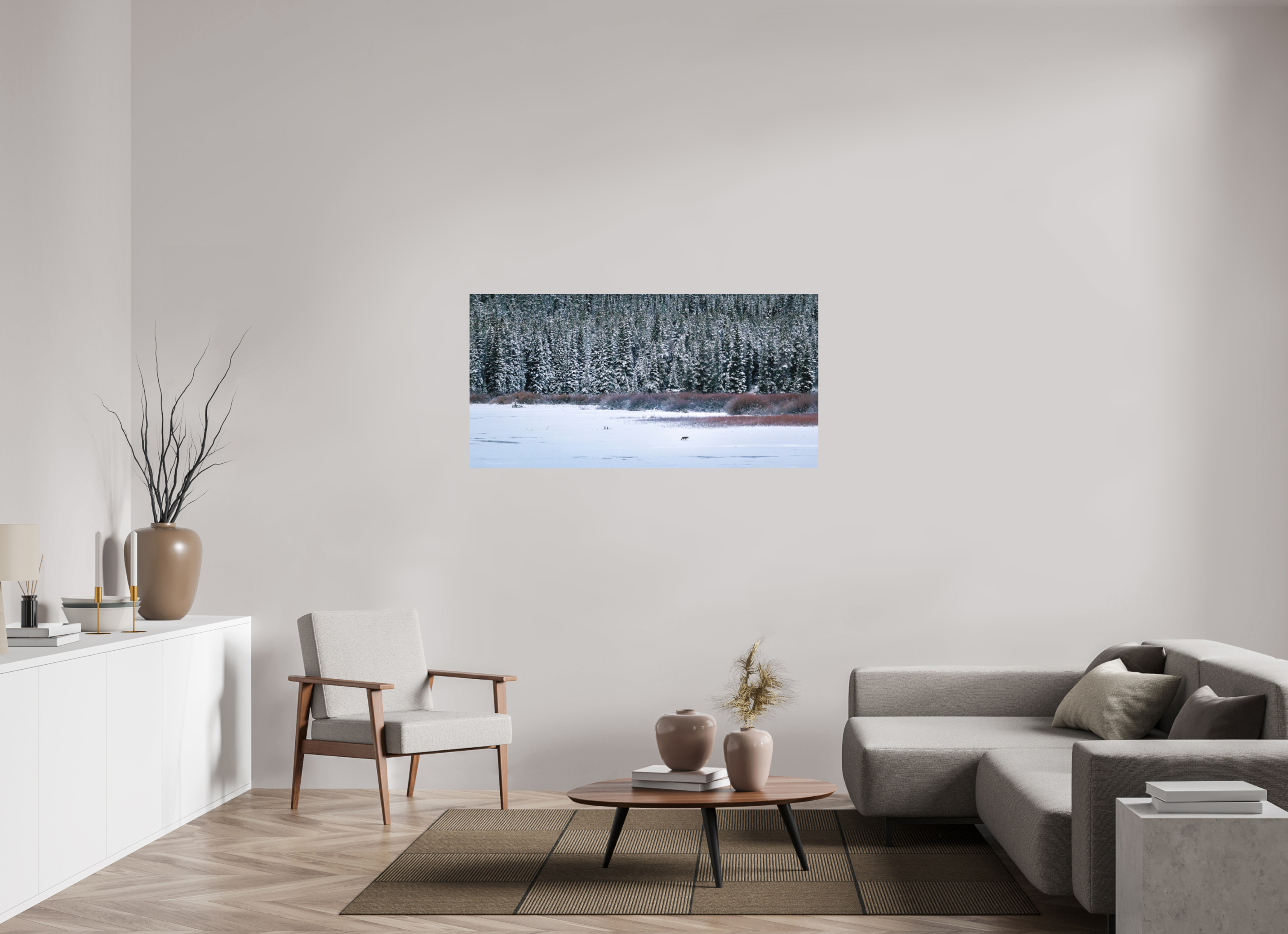 56 x 28″, Aluminum-Backed Matte Print Coyote by the Frozen Lake