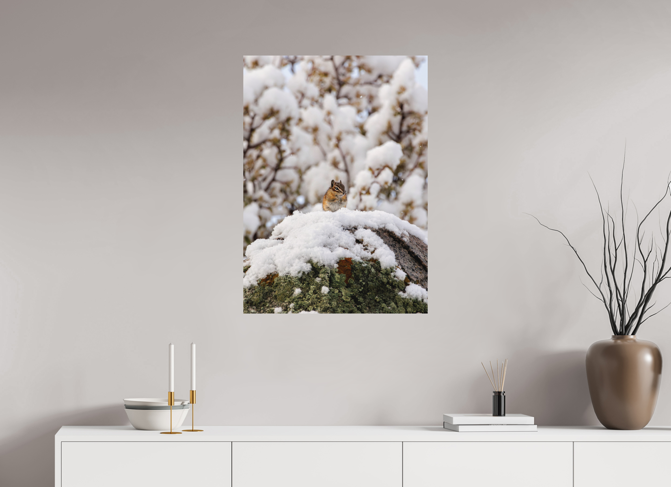 24 x 33.6″, Matte Print Chipmunk on a Snowy Morning