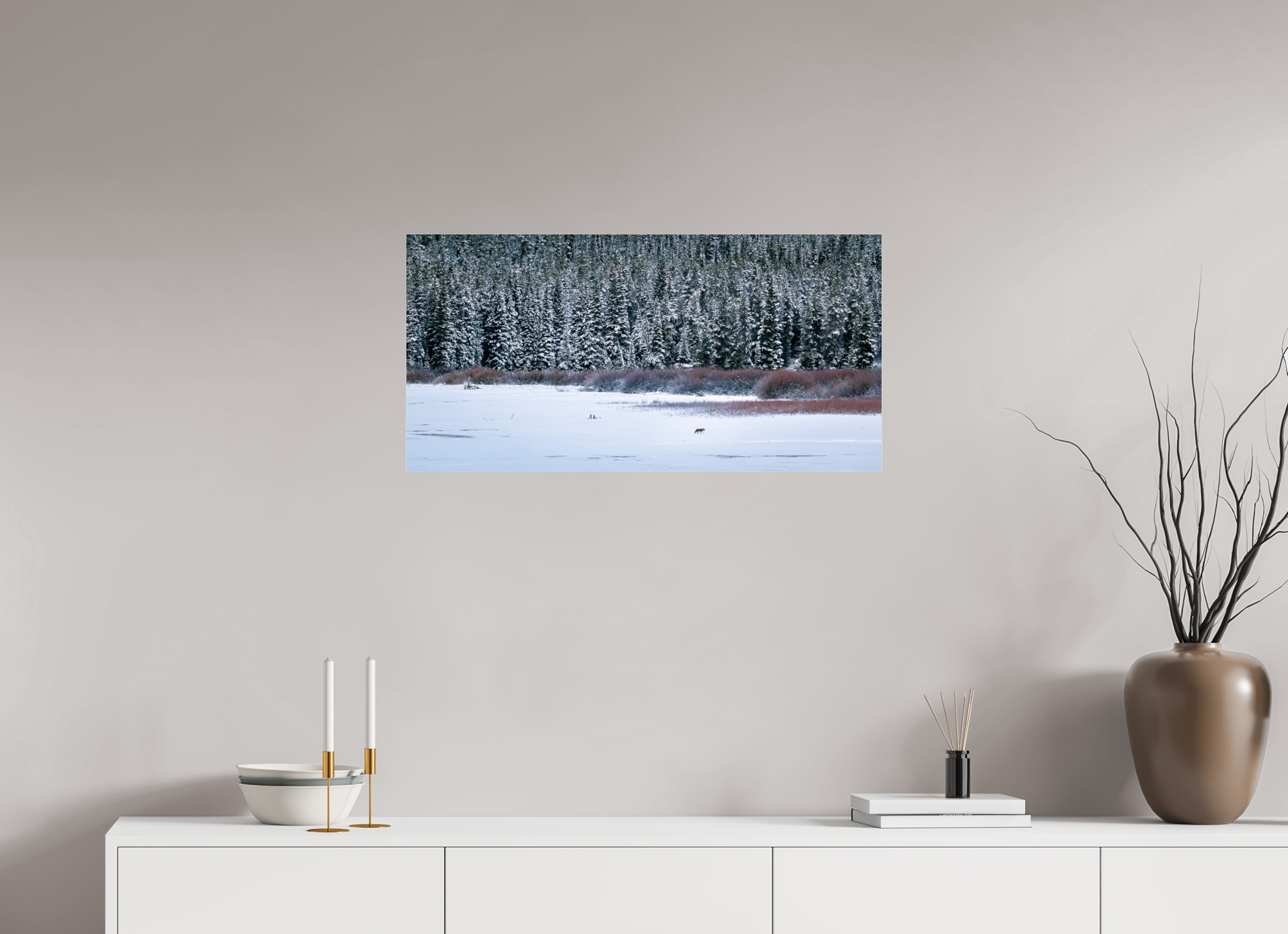 32 x 16″, Print Under Acrylic Coyote by the Frozen Lake