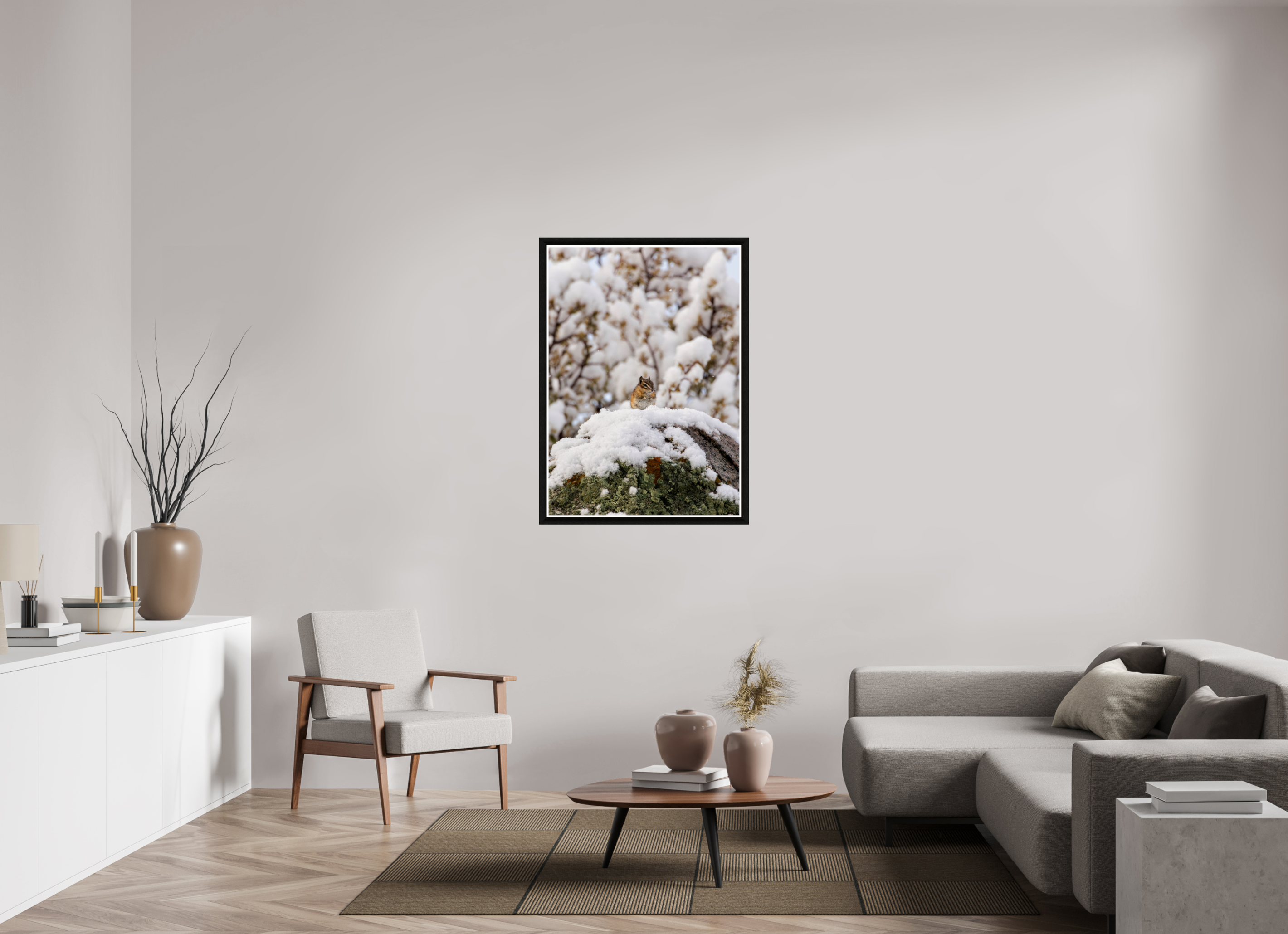 31 x 43.4″, Framed Acrylic Print Chipmunk on a Snowy Morning