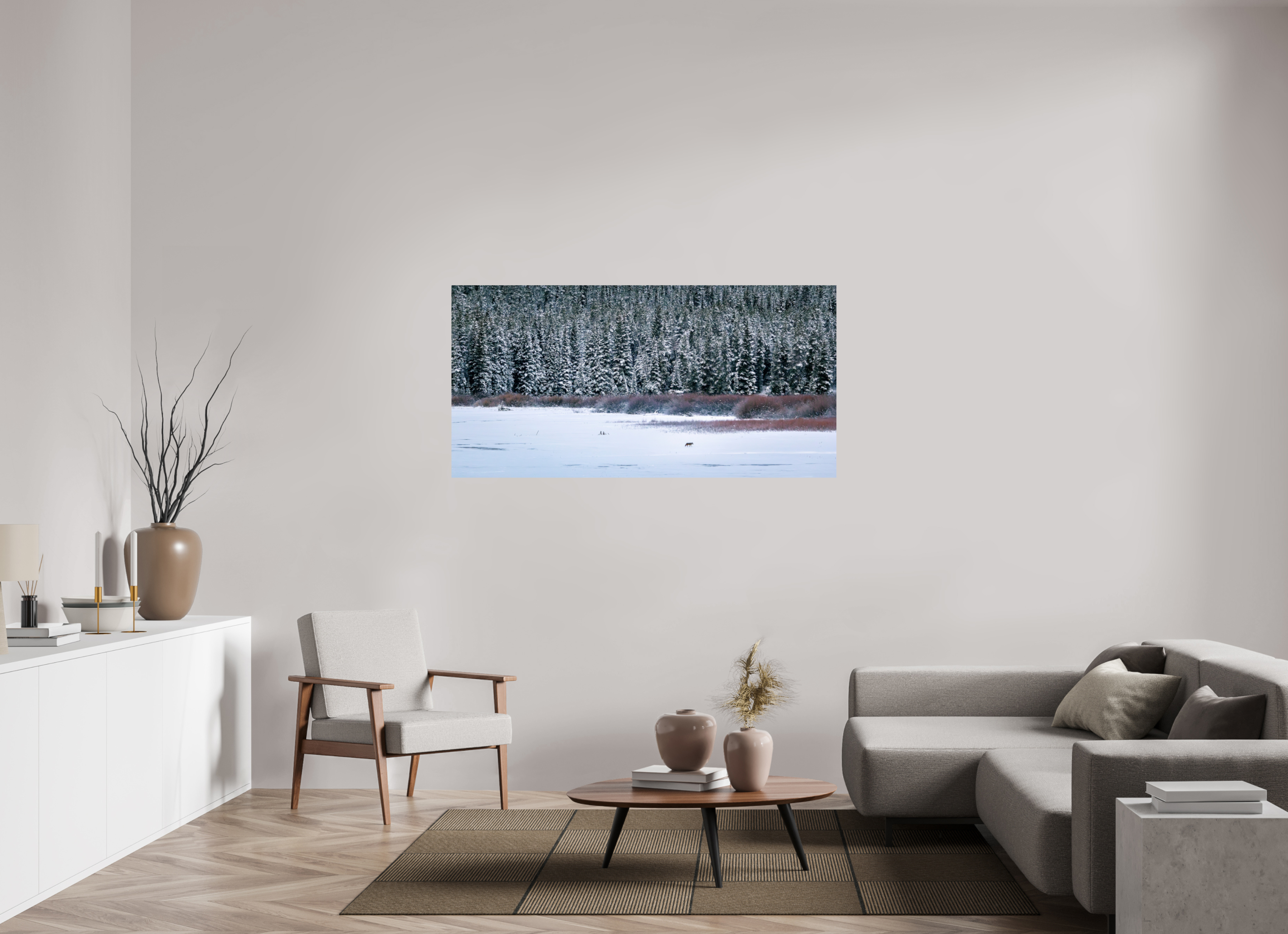 62 x 31″, Ultra Glossy Print Coyote by the Frozen Lake