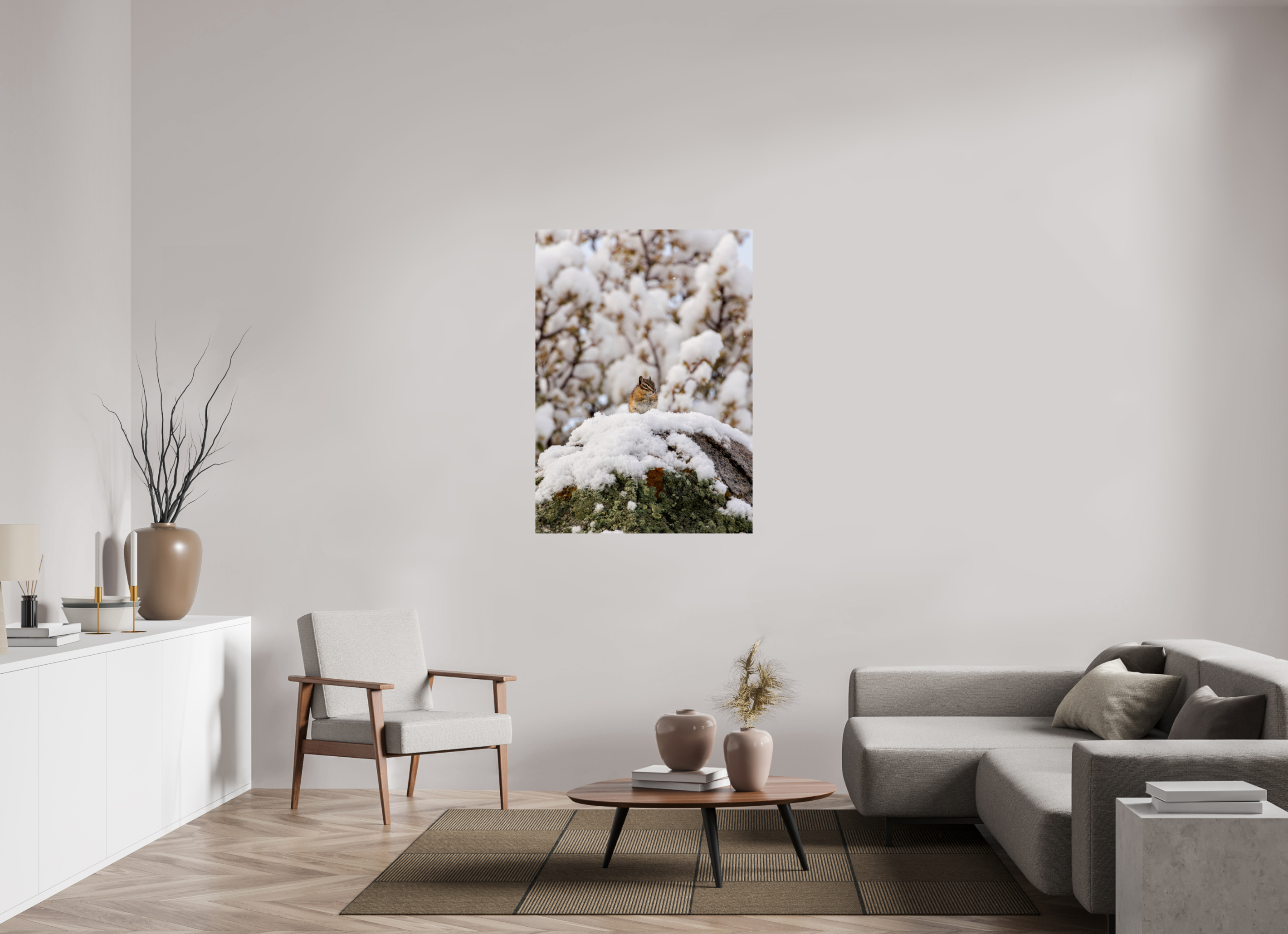 35 x 49″, Glossy Print Chipmunk on a Snowy Morning