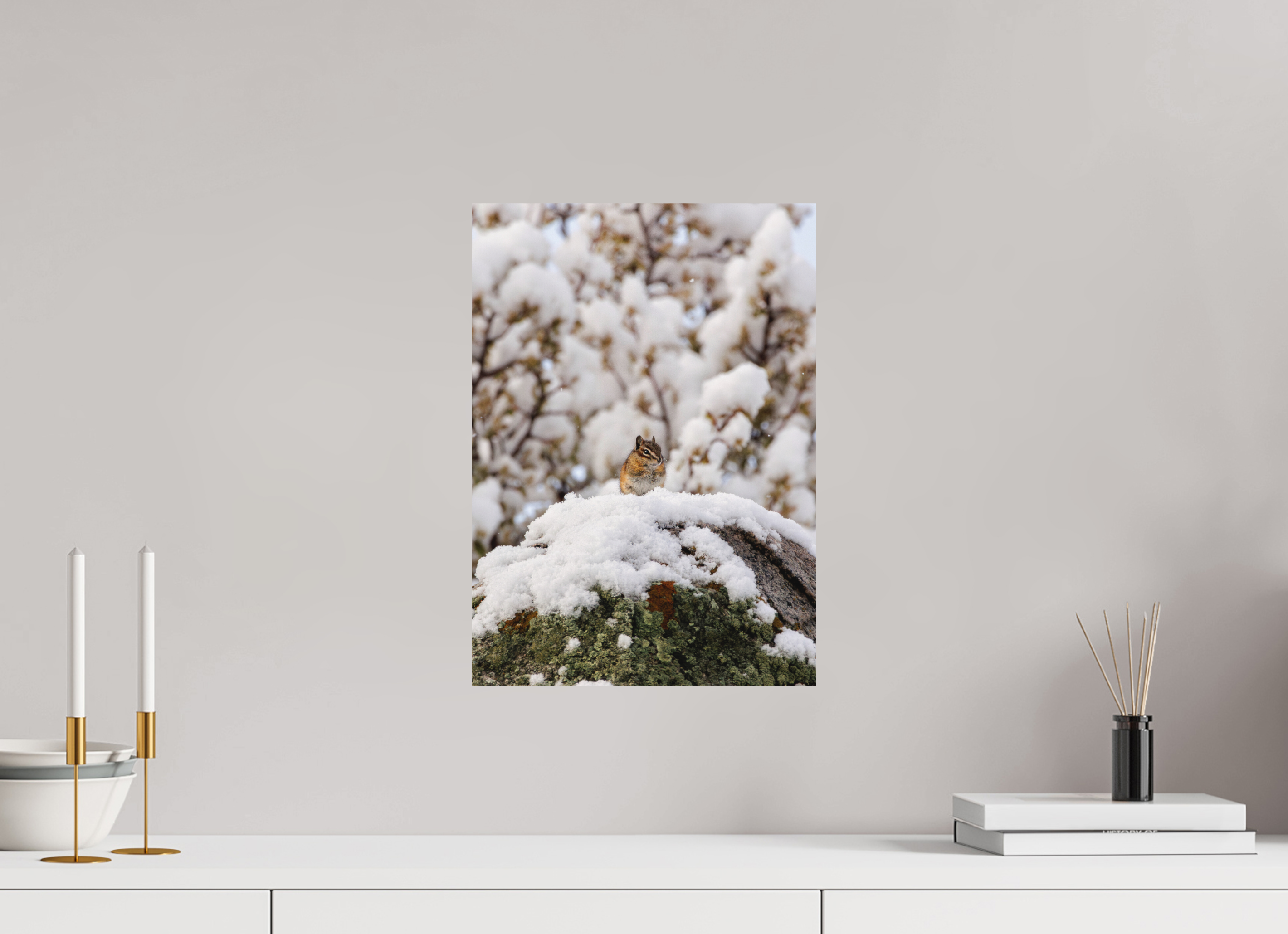 12 x 16.8″, Matte Print Chipmunk on a Snowy Morning