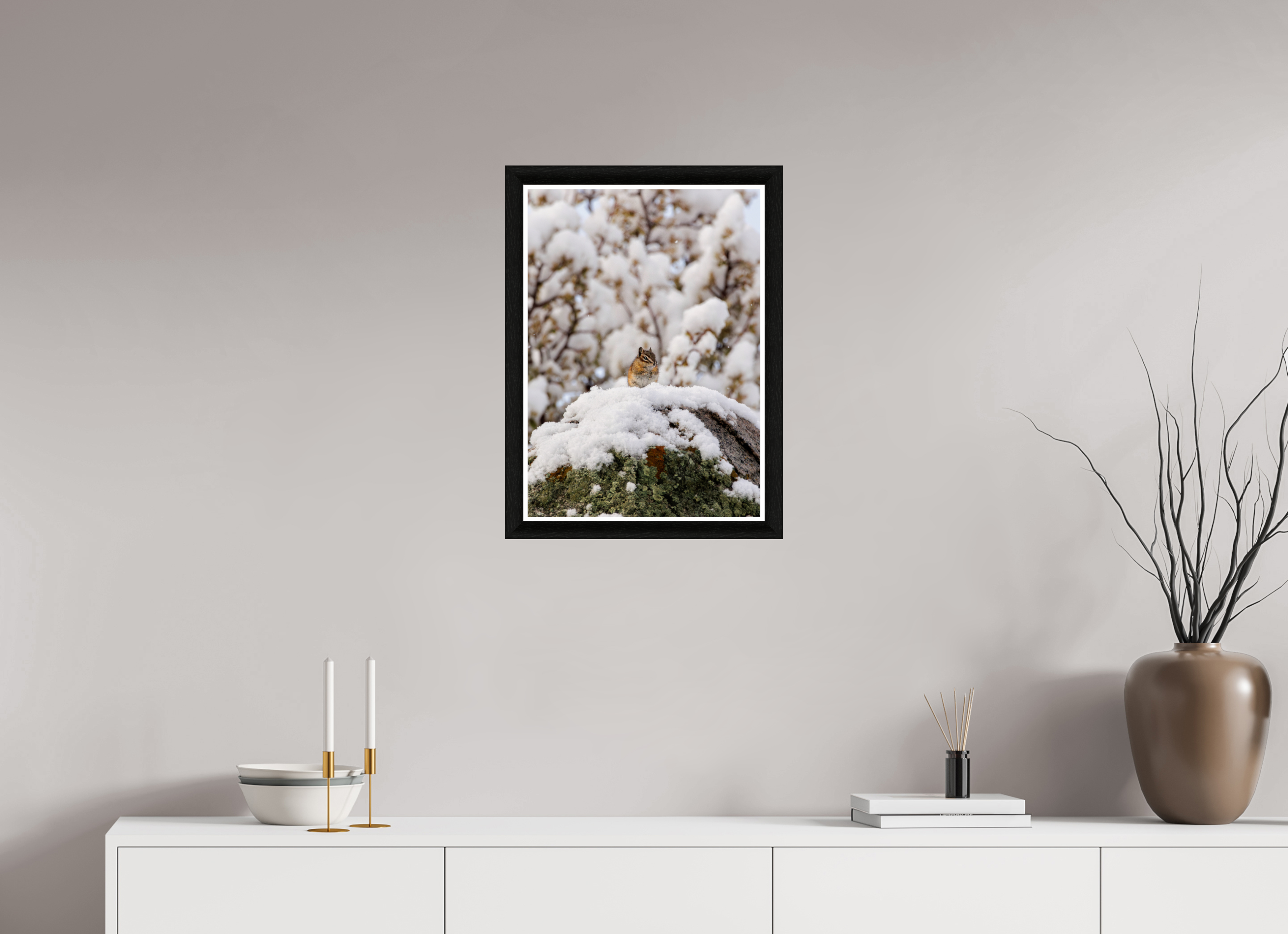 16 x 22.4″, Framed Acrylic Print Chipmunk on a Snowy Morning