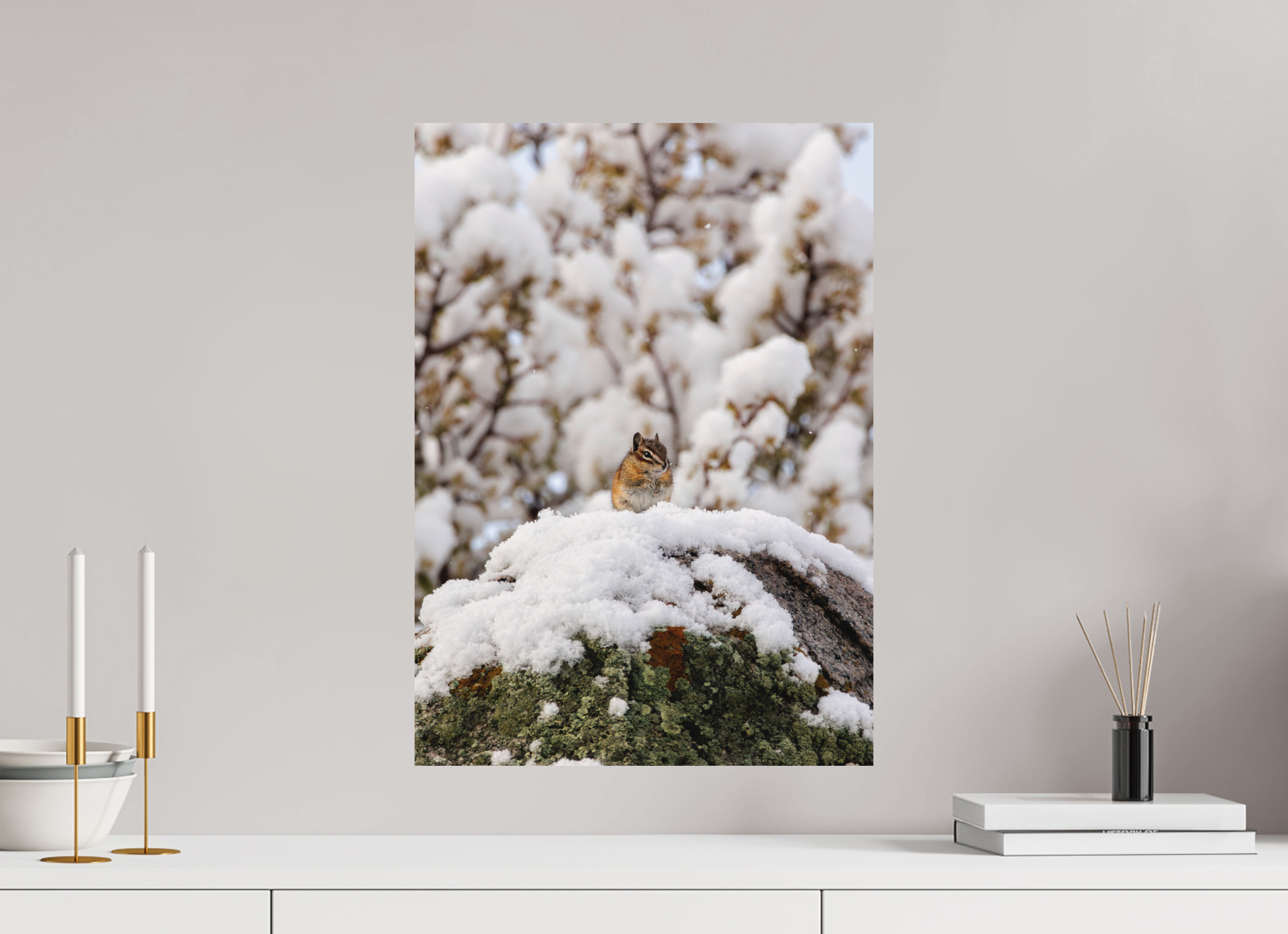 16 x 22.4″, Matte Print Chipmunk on a Snowy Morning