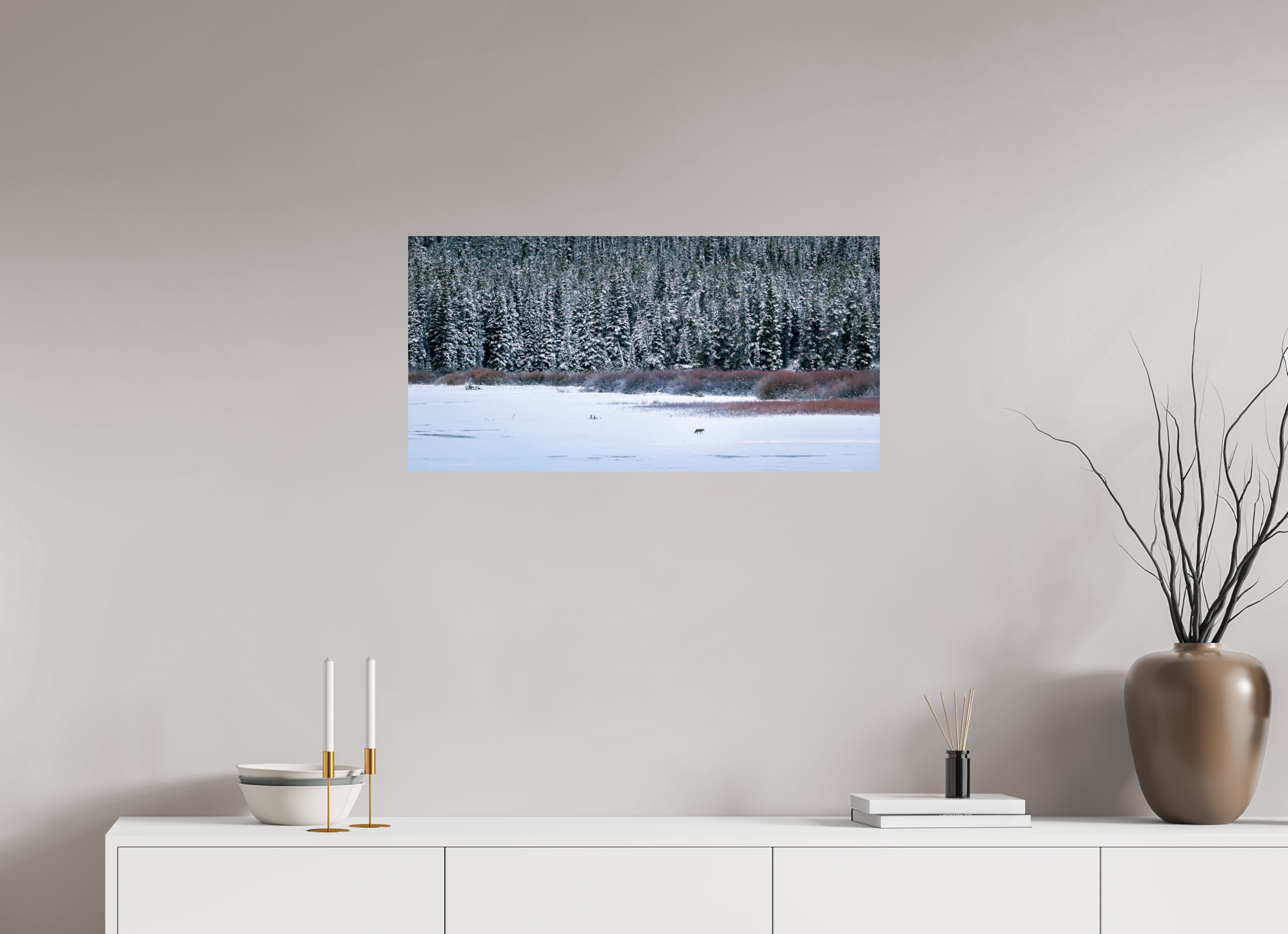 32 x 16″, Ultra Glossy Print Coyote by the Frozen Lake