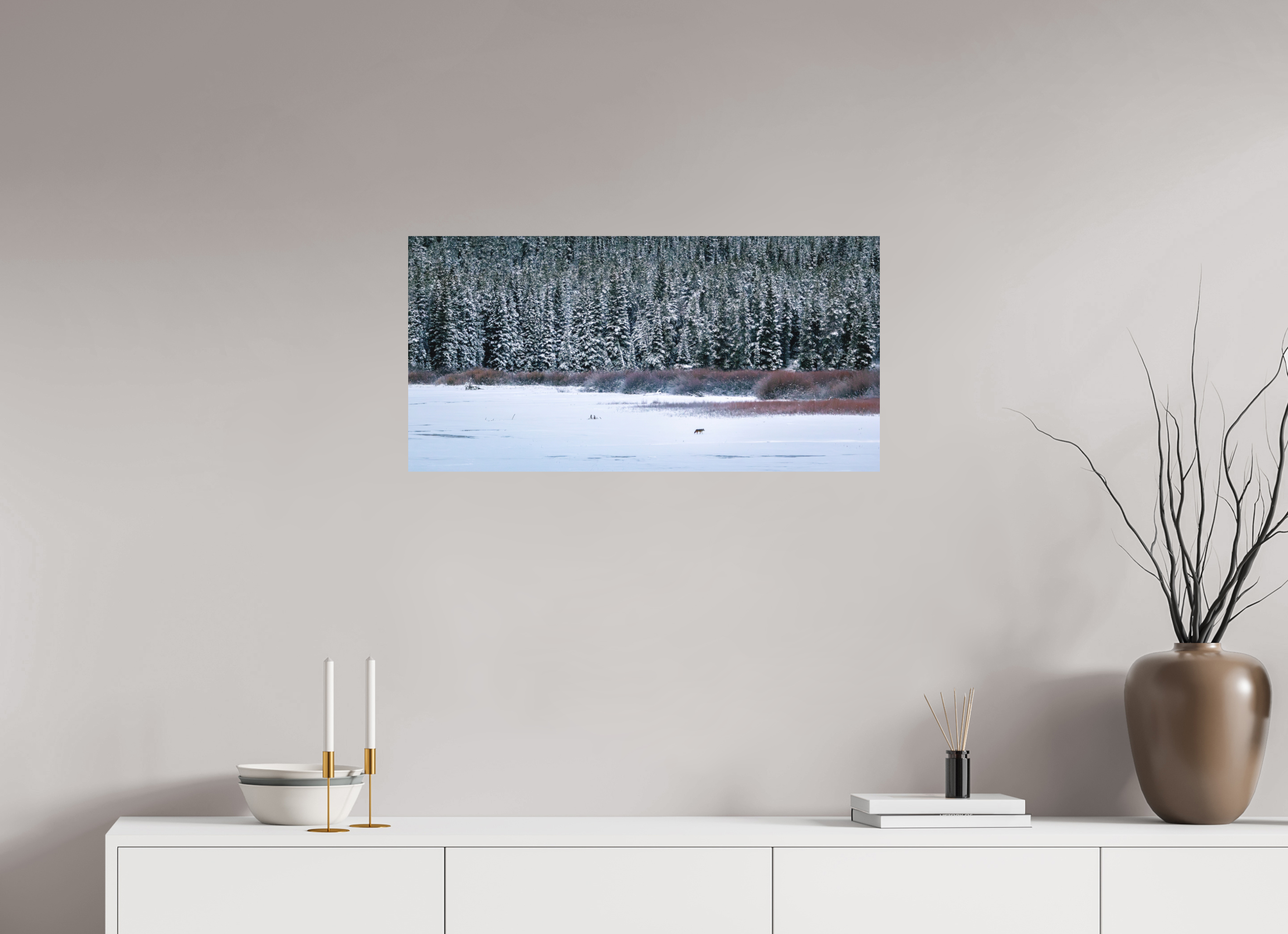 32 x 16″, Matte Print Coyote by the Frozen Lake