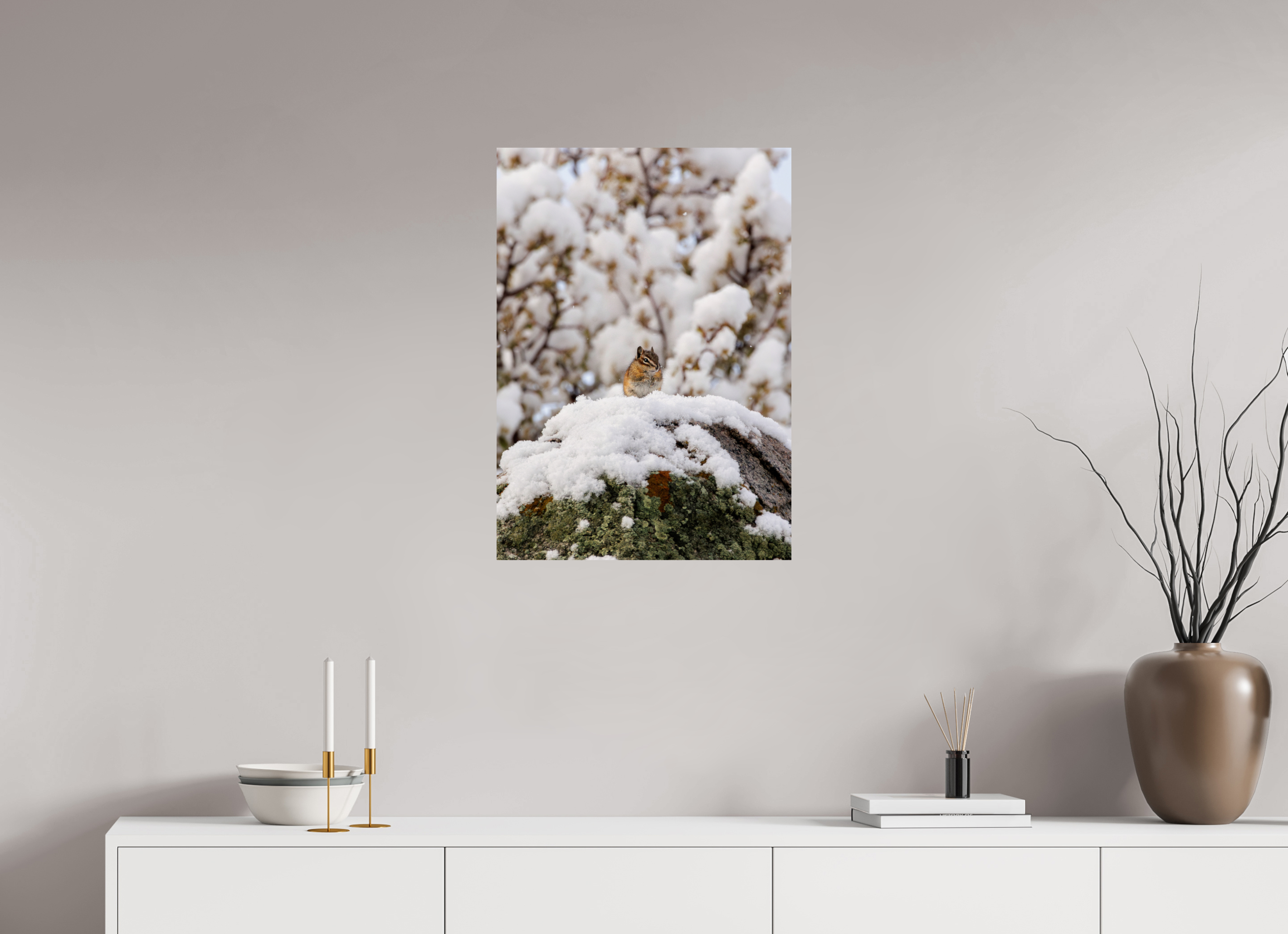 20 x 28″, Ultra Glossy Print Chipmunk on a Snowy Morning