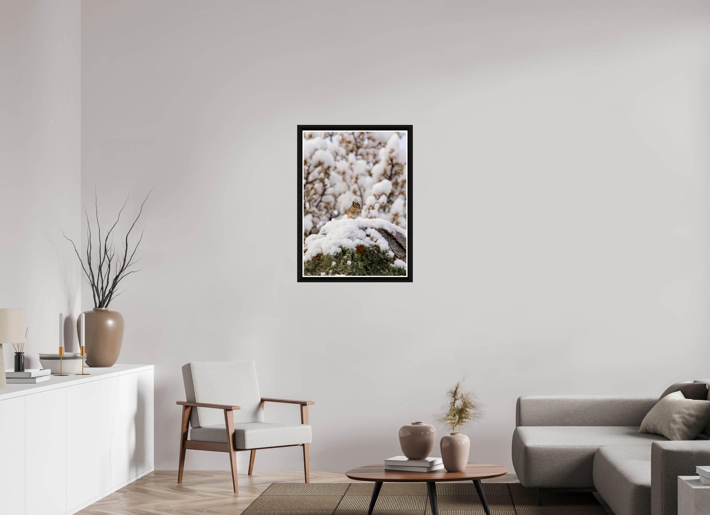 24 x 33.6″, Framed Acrylic Print Chipmunk on a Snowy Morning