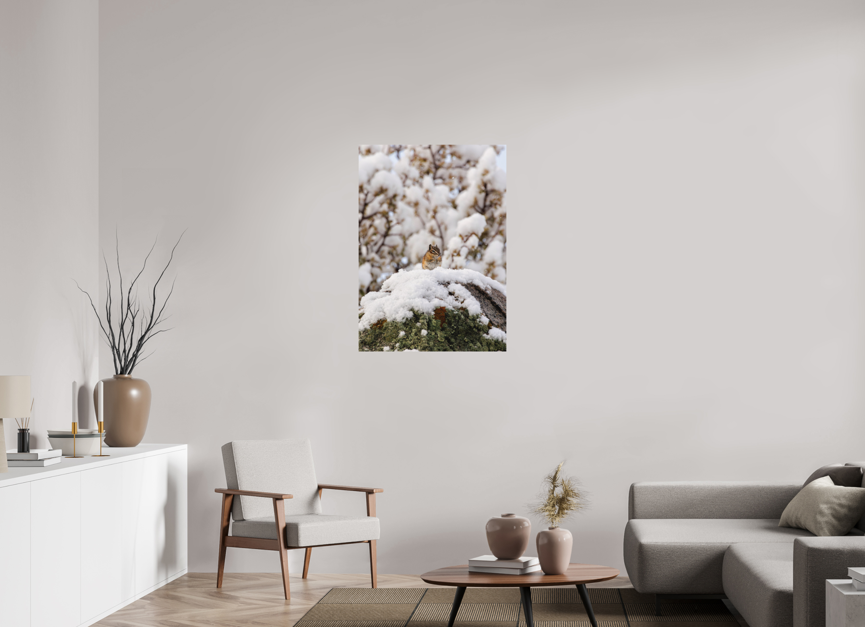 28 x 39.2″, Aluminum-Backed Matte Print Chipmunk on a Snowy Morning
