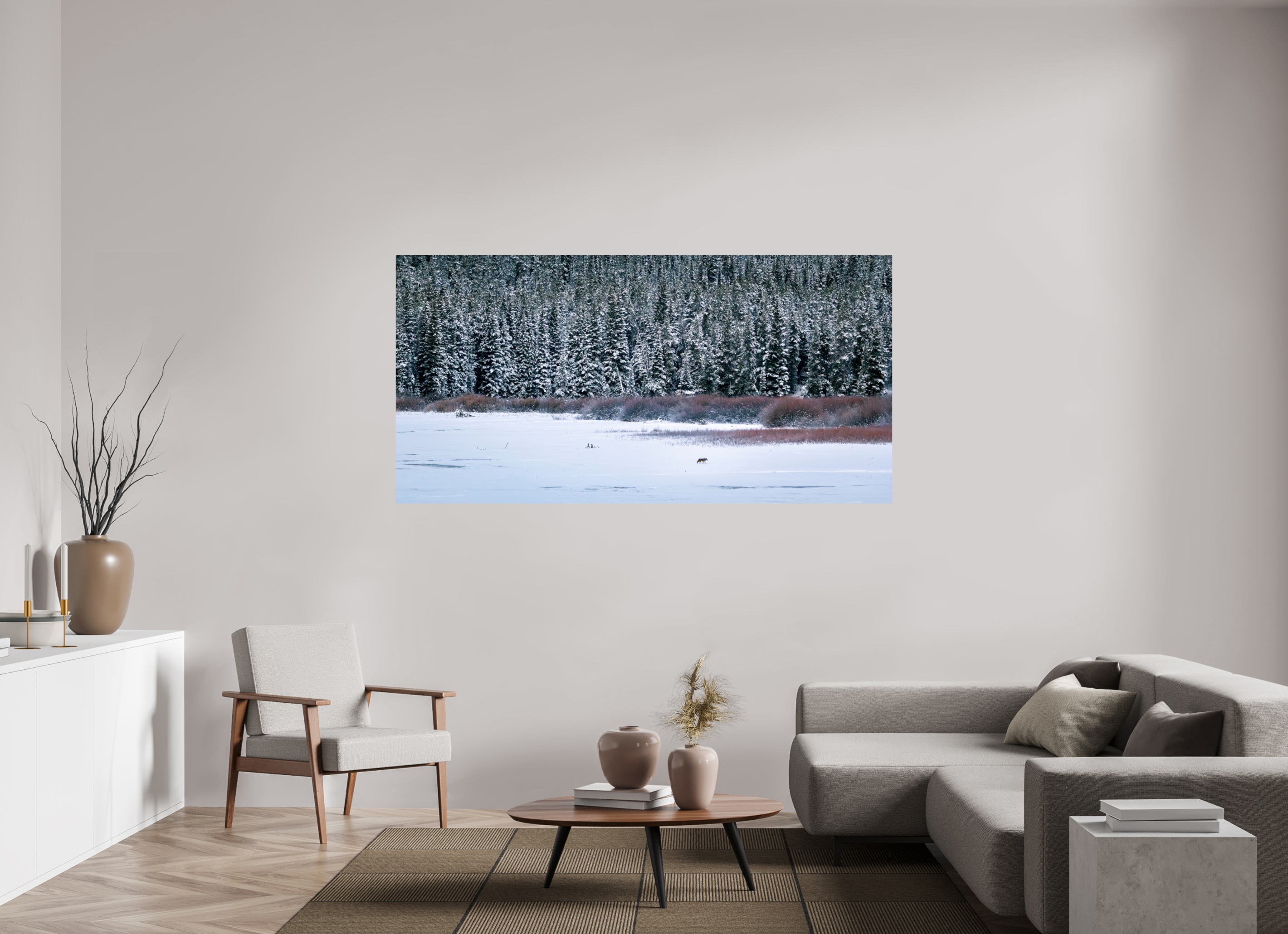 78 x 39″, Glossy Print Coyote by the Frozen Lake