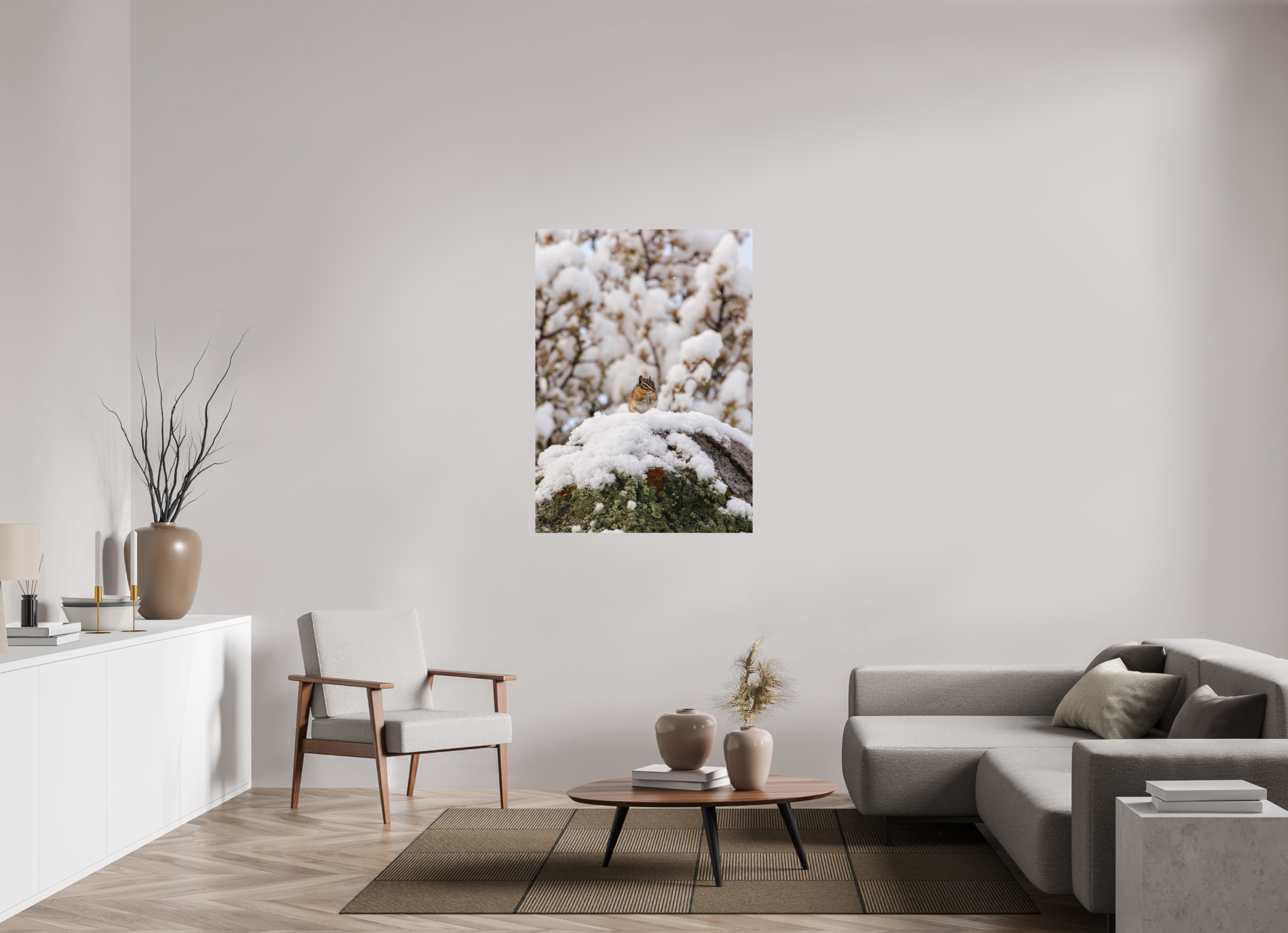 35 x 49″, Matte Print Chipmunk on a Snowy Morning