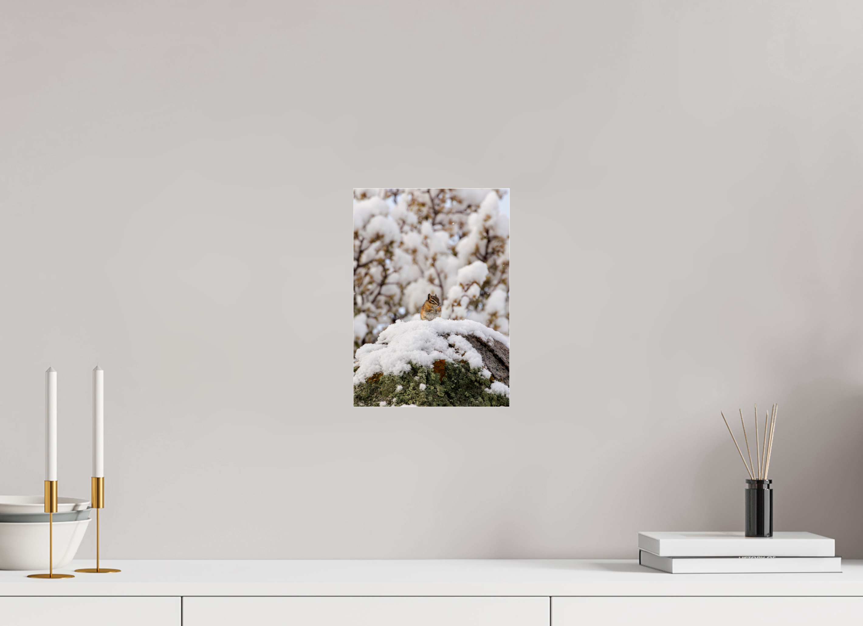 8 x 11.2″, Print Under Acrylic Chipmunk on a Snowy Morning