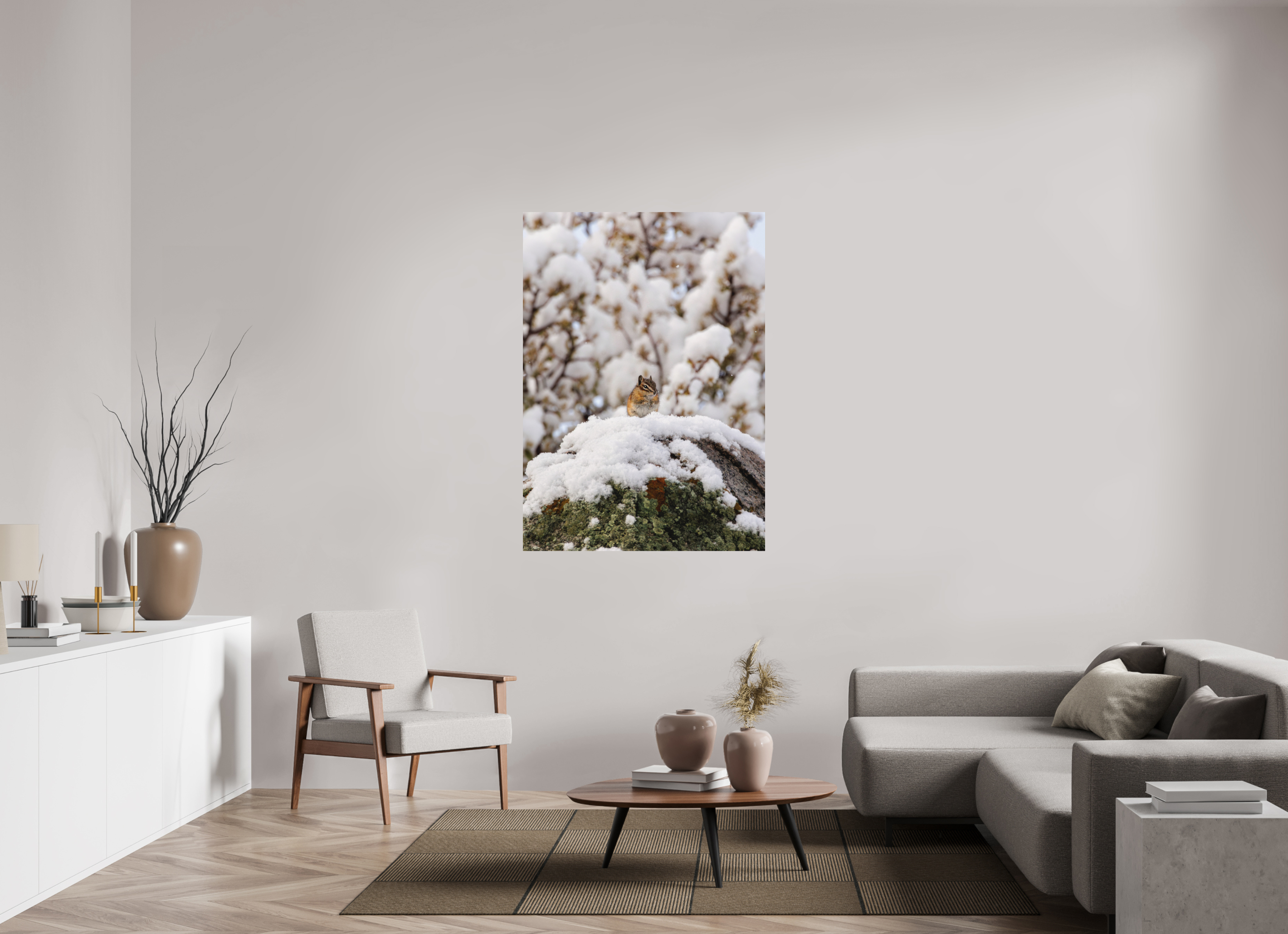 39 x 54.6″, Matte Print Chipmunk on a Snowy Morning