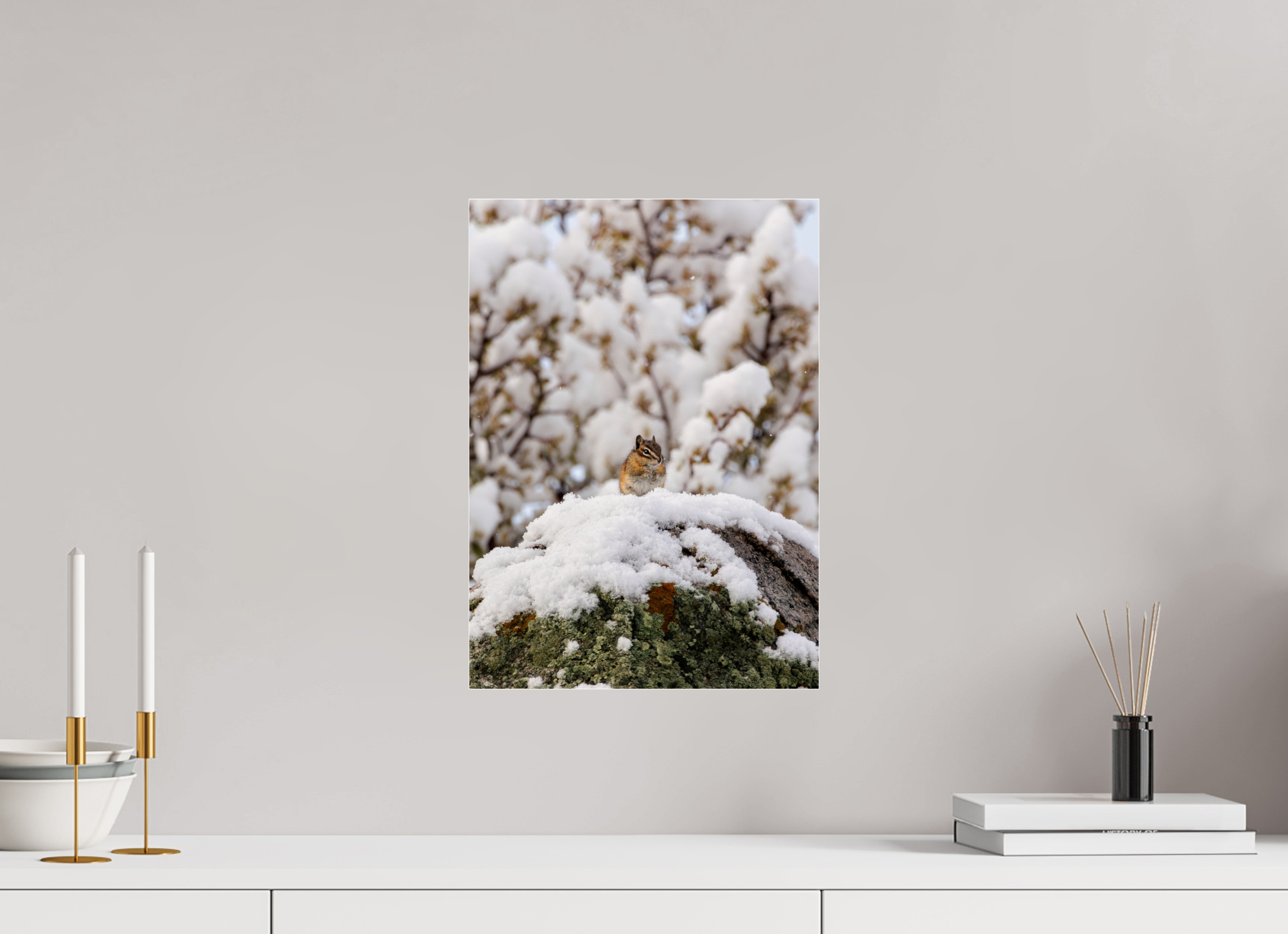 12 x 16.8″, Print Under Acrylic Chipmunk on a Snowy Morning
