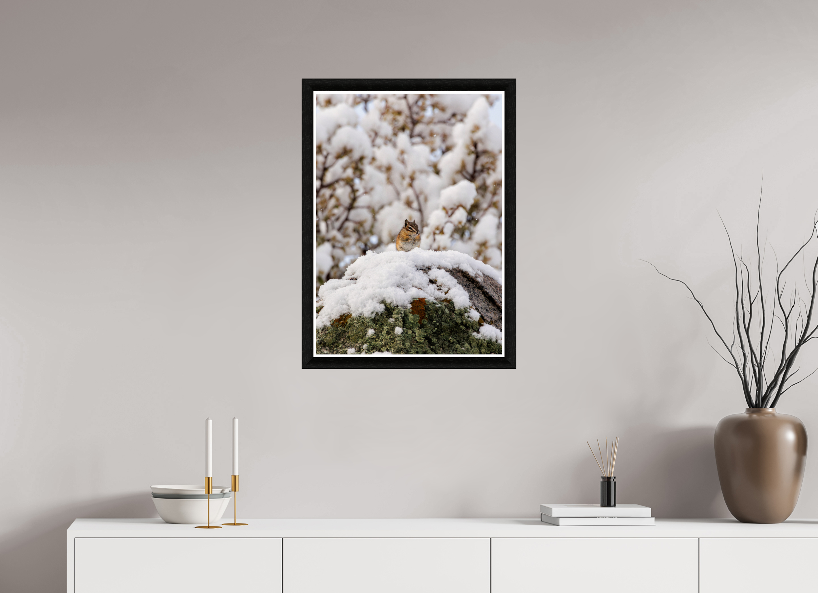 20 x 28″, Framed Acrylic Print Chipmunk on a Snowy Morning